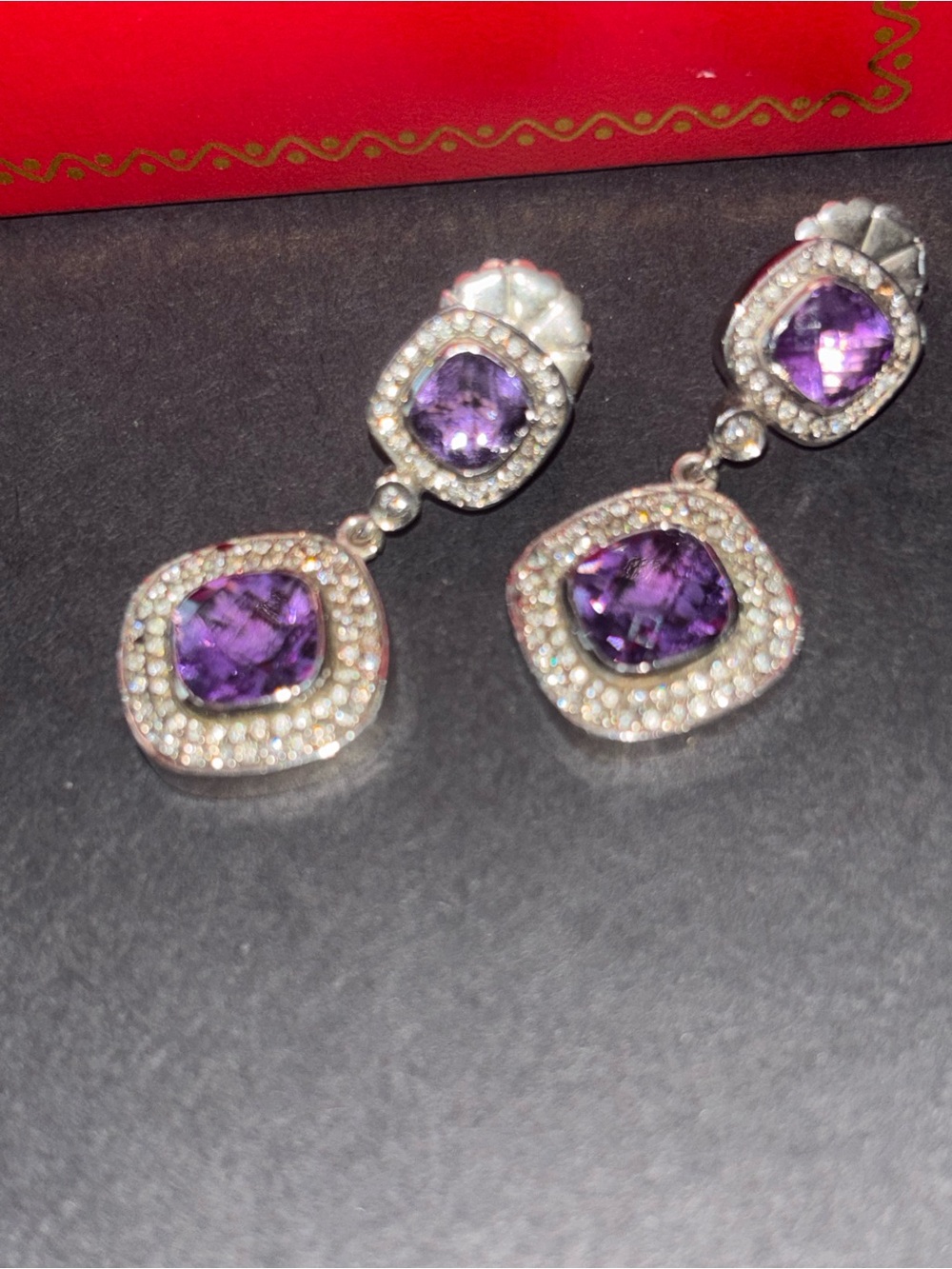 Sterling Silver Purple Amethyst and diamond Halo Drop Earrings